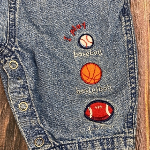 Infant Just One Year Sports Themed Blue Jean Overalls- Size 6 months - Picture 2 of 6